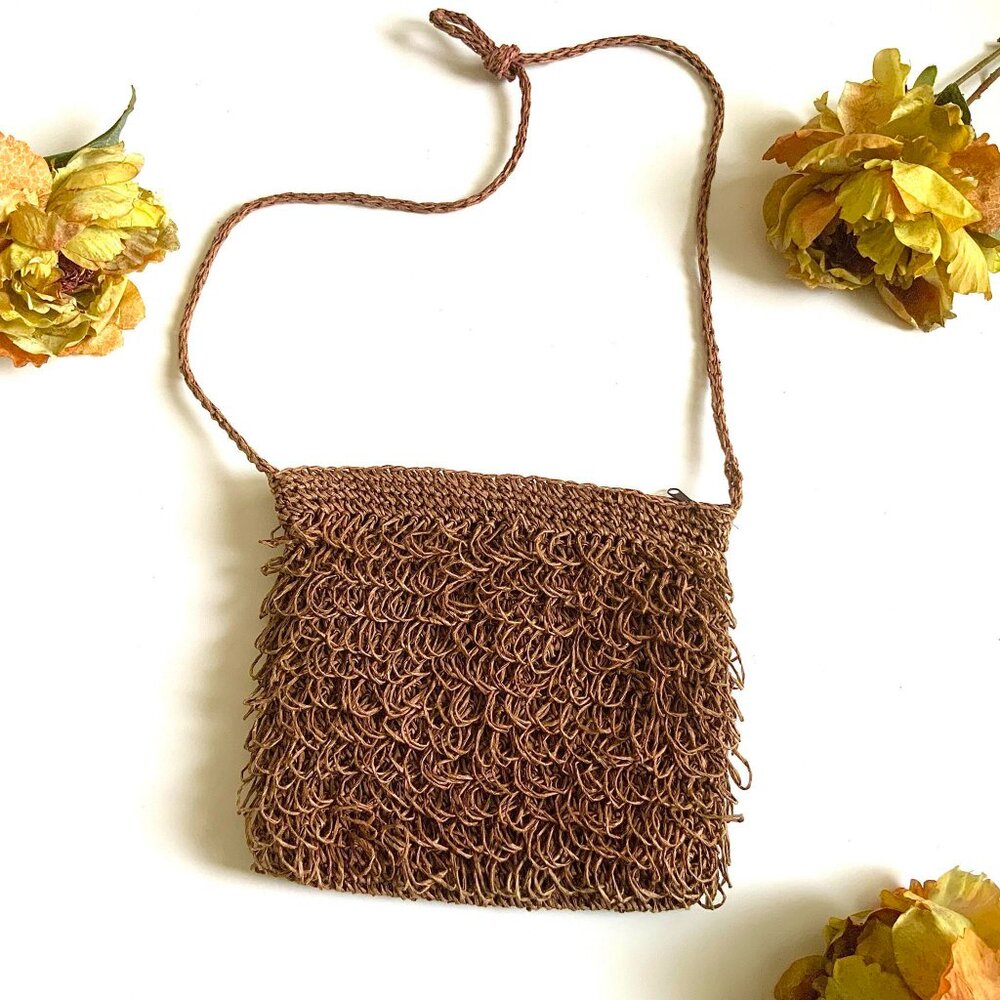Brown Woven Straw Small Zippered Crossbody Bag